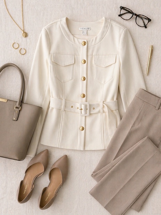 VENUS Jackets & Blazers - VENUS Ivory Belted Button Front Jacket Size 10